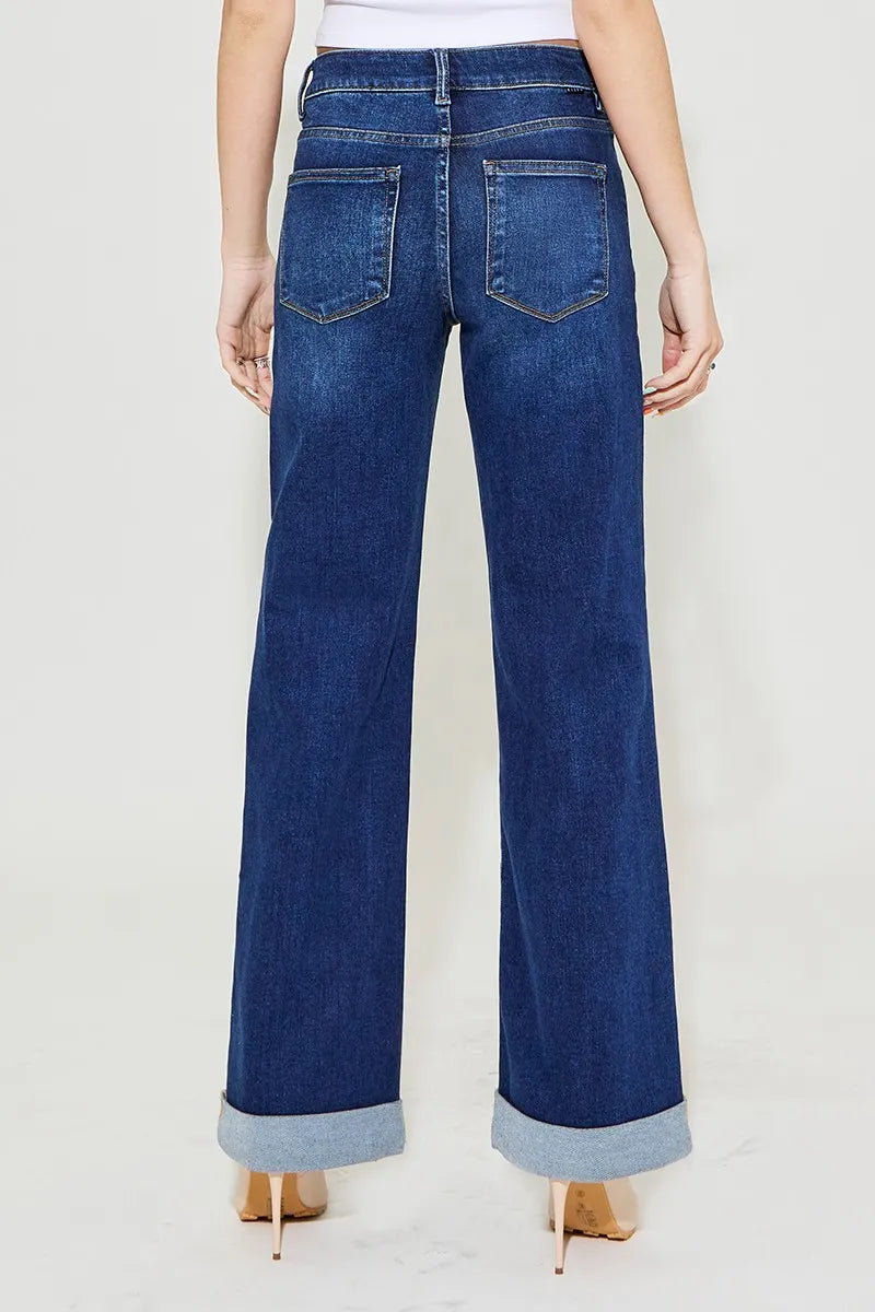 RISEN Tummy Control High Rise Wide Leg Cuffed Jeans - In Style Chics Boutique Women's Juniors Plus Size Clothes Online