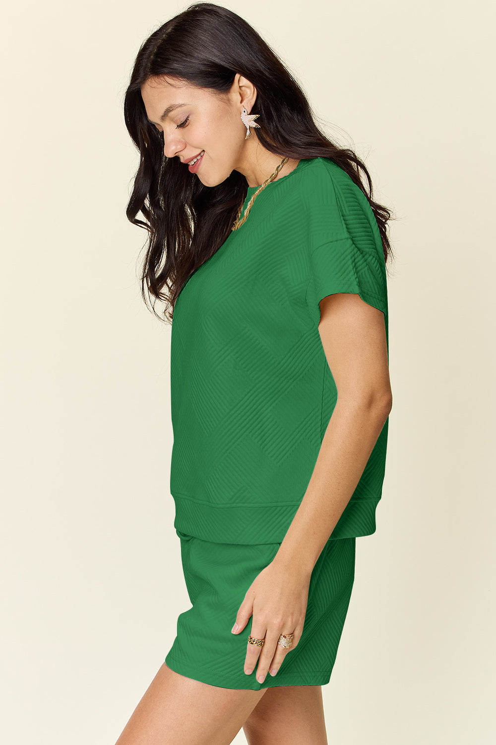 Double Take Texture Short Sleeve T-Shirt and Drawstring Shorts Set - In Style Chics Boutique LLC