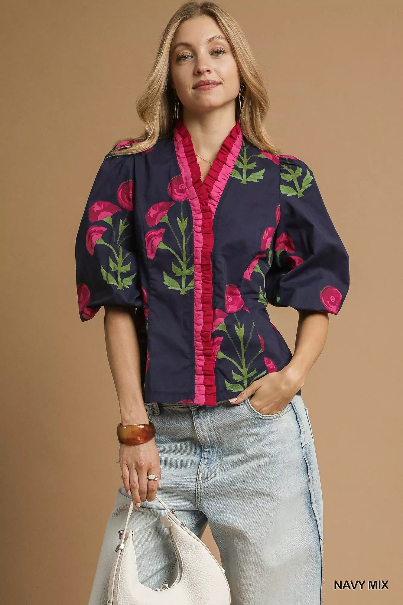 Floral Print Blouse, Ruffle Trim Puff Sleeve at In Style Chics Boutique