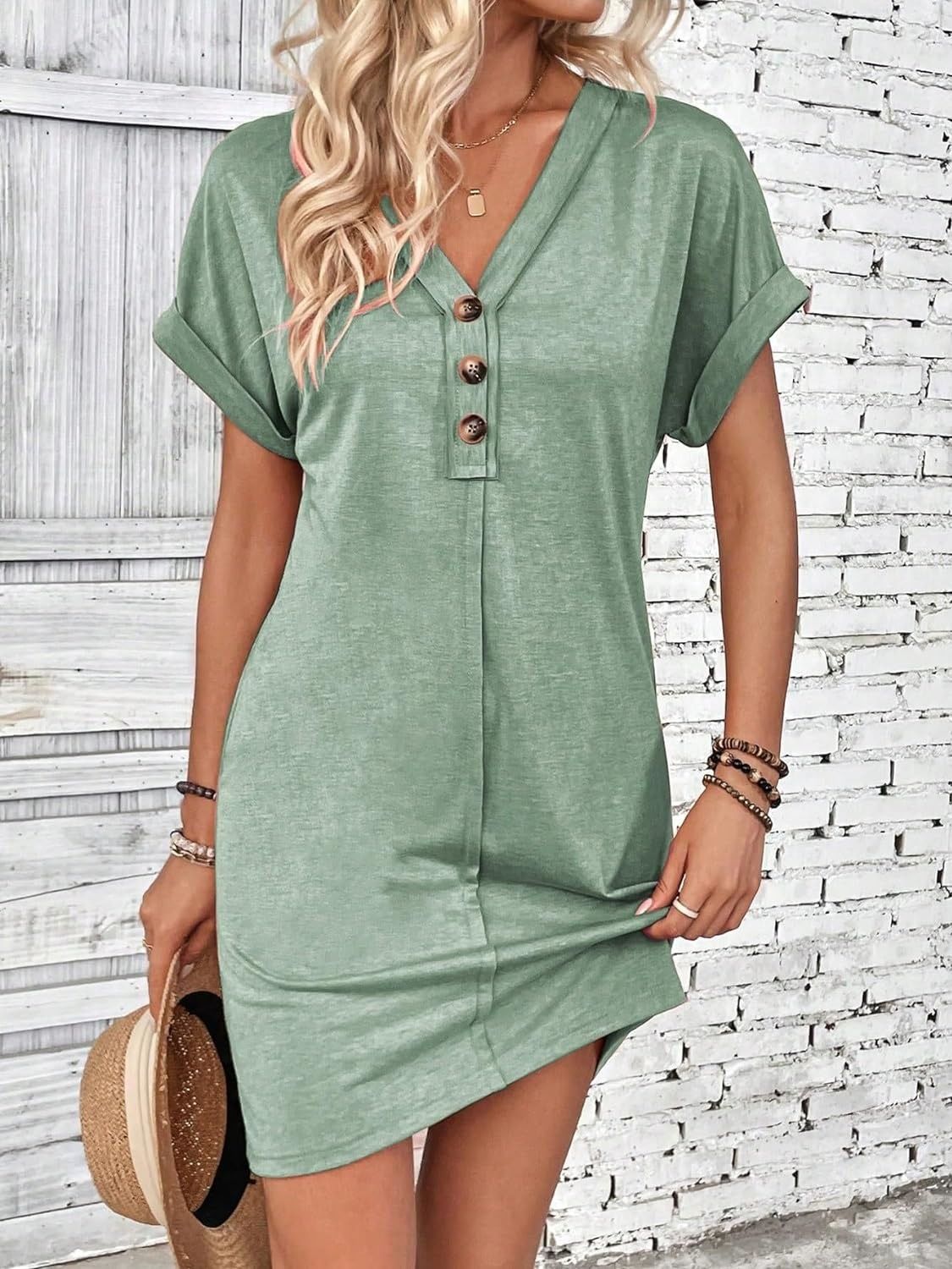 Quarter Button V-Neck Short Sleeve Dress - More Colors! - In Style Chics Boutique LLC
