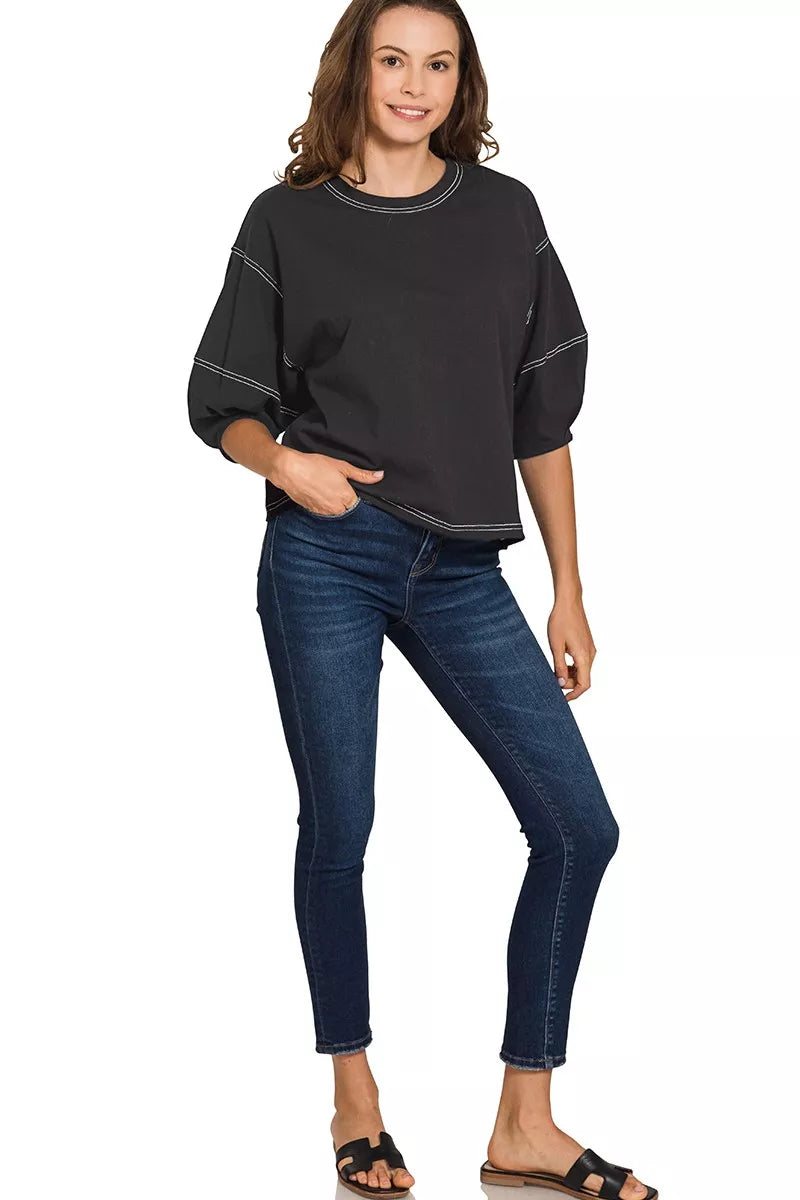 Balloon Sleeve Top with Contrast Stitching at In Style Chics Boutique