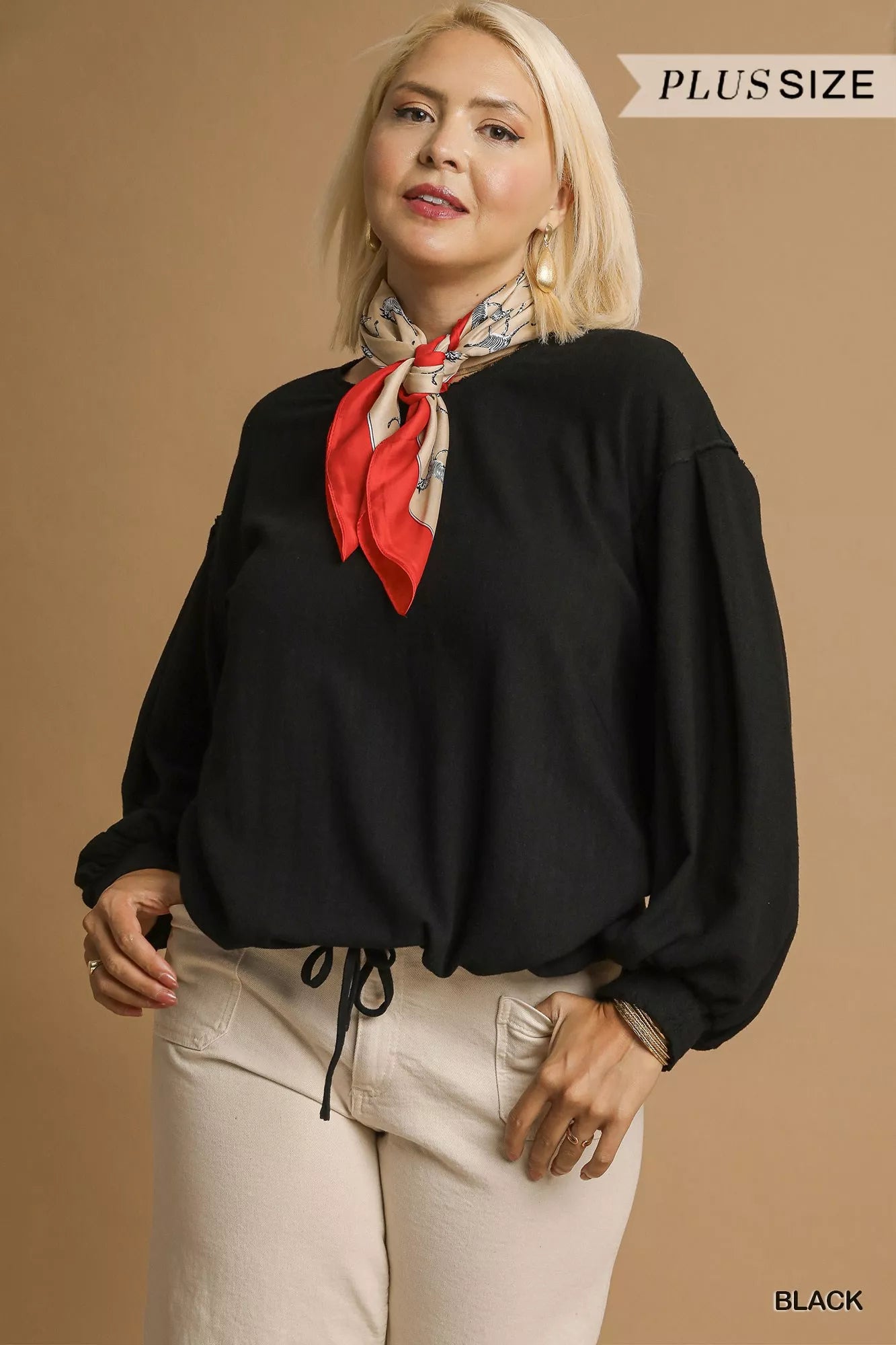 Linen Long Sleeve Plus Size Top with Drawstring at In Style Chics Boutique