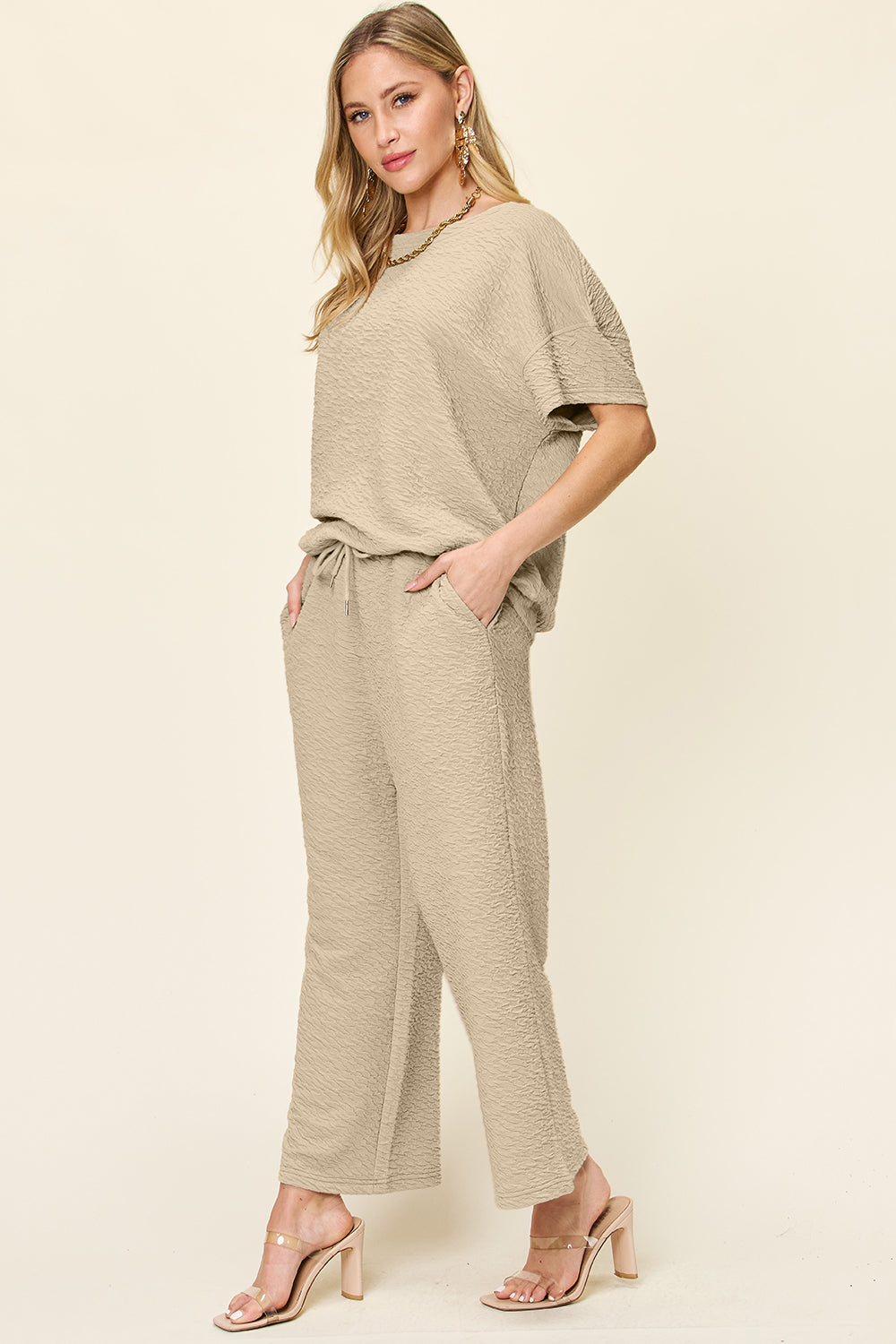 Double Take Texture Short Sleeve Top and Pants Set - In Style Chics Boutique LLC