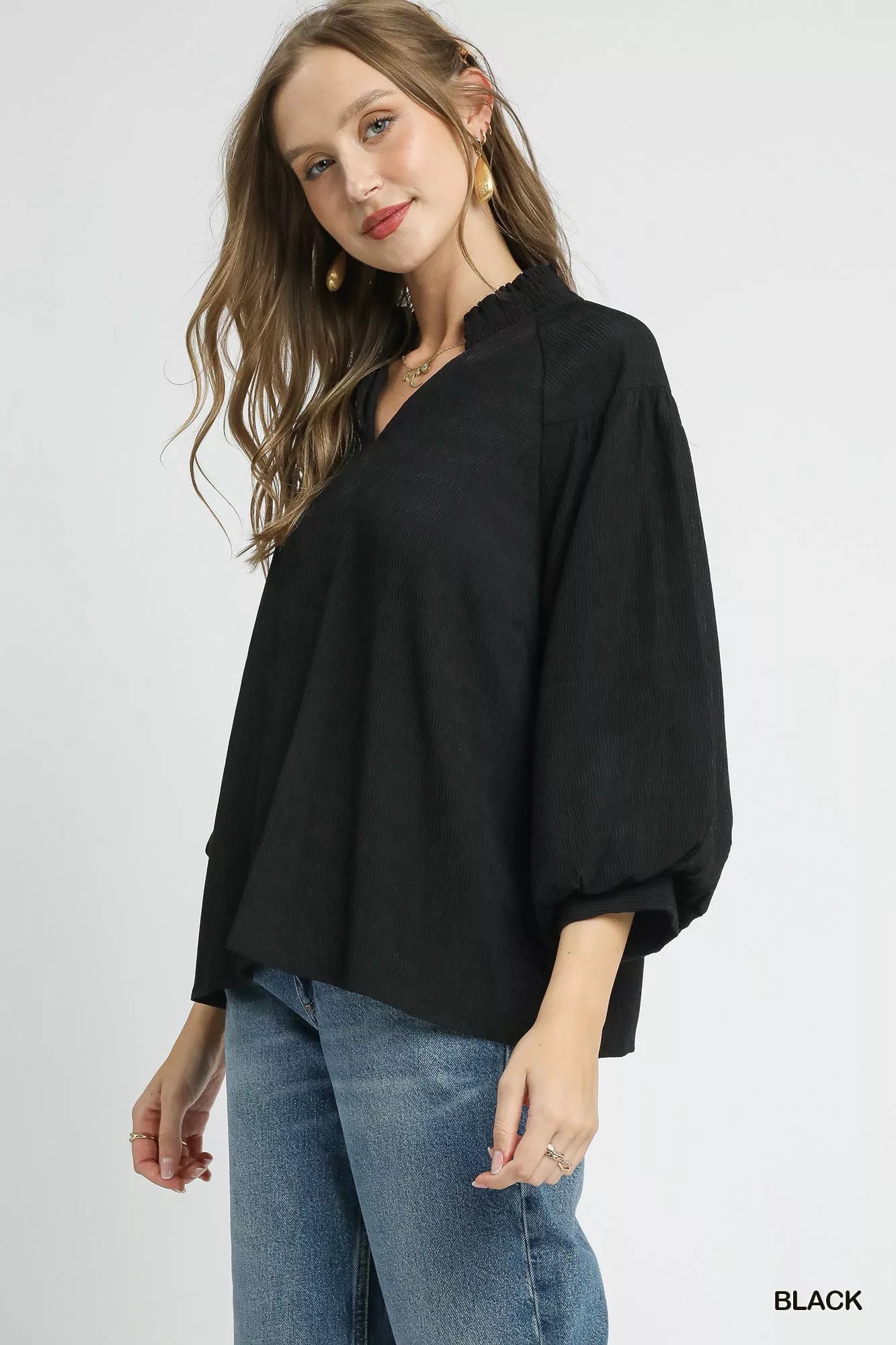 Textured V-Neck Black Blouse with Balloon Sleeves at In Style Chics Boutique