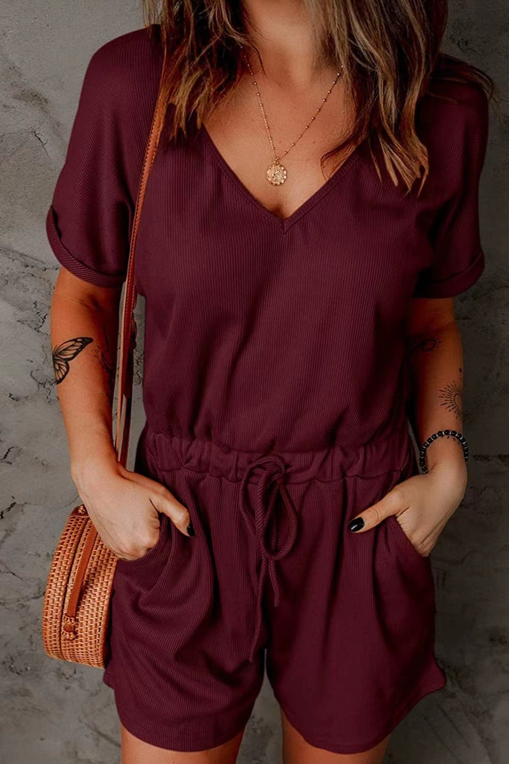 Full Size Drawstring V-Neck Short Sleeve Romper - More Colors! - In Style Chics Boutique LLC