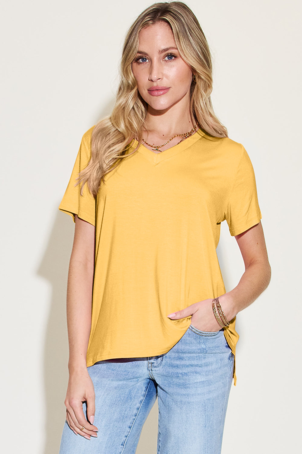 Basic Bae Bamboo Full Size V-Neck High-Low T-Shirt - In Style Chics Boutique LLC