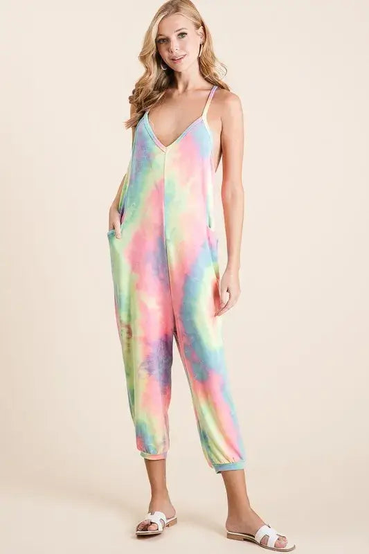 Tie Dye French Terry Mid-Length Casual Jumpsuit - Cute Summer Clothes - In Style Chics Boutique Women's Juniors Apparel Online Ship from USA