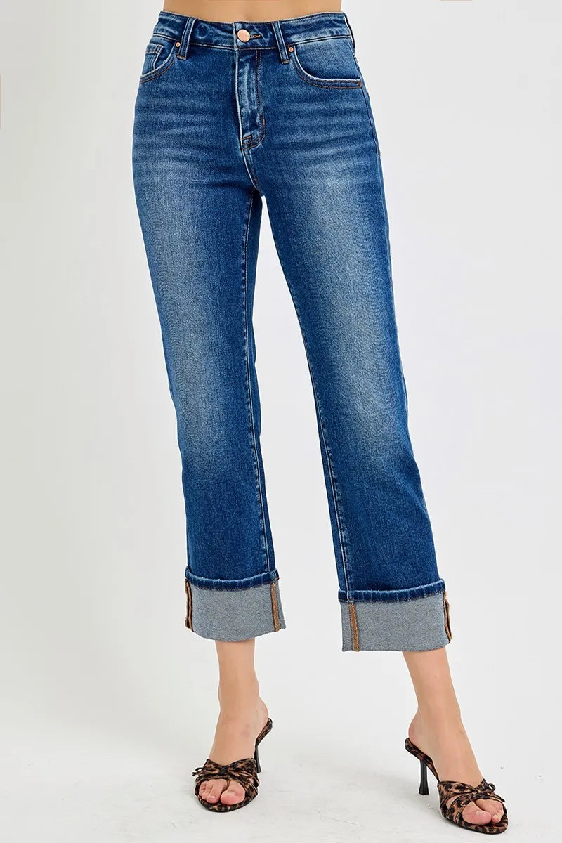 RISEN High Rise Ankle Straight Cuffed Jeans - In Style Chics Boutique Womens Jeans Plus Size Jeans