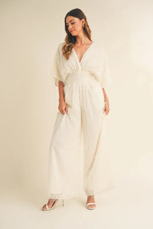 Fluffy Deep V Neck Wide Leg Jumpsuit - sophisticated look - In Style Chics Boutique Women's Juniors Apparel Online