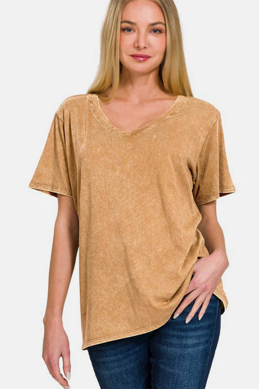 Zenana Full Size Washed Short Sleeve V-Neck T-Shirt - In Style Chics Boutique Women's Juniors Plus Size Apparel Online