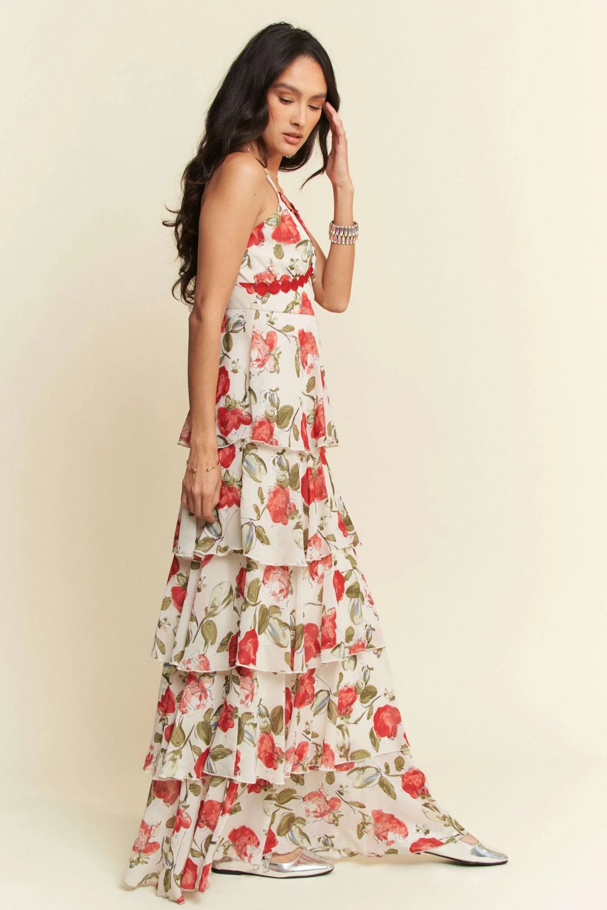 Maxi Cami Dress, Contrast Ring Lace Layered Ruffle - In Style Chics Boutique