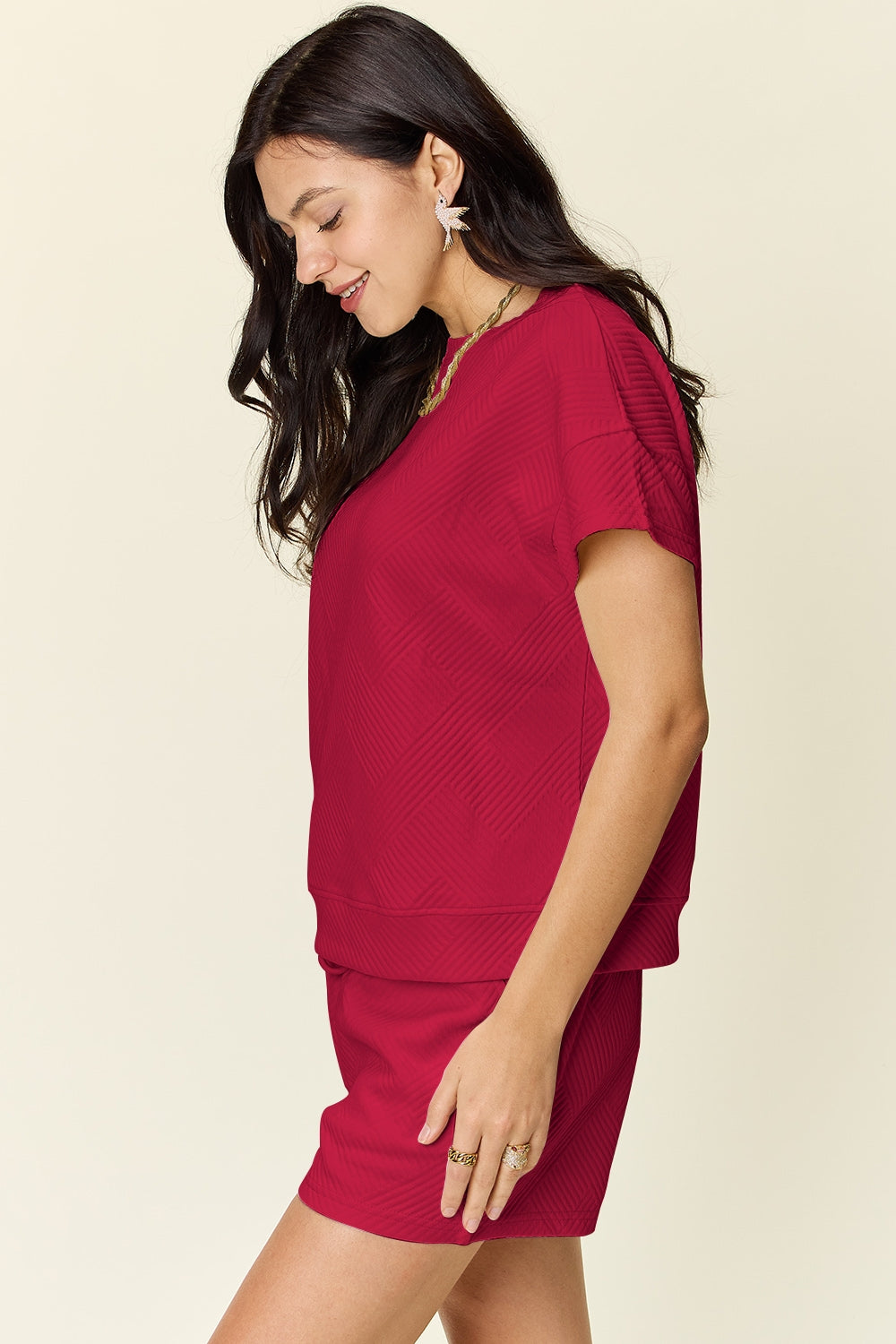 Double Take Texture Short Sleeve T-Shirt and Drawstring Shorts Set - In Style Chics Boutique LLC