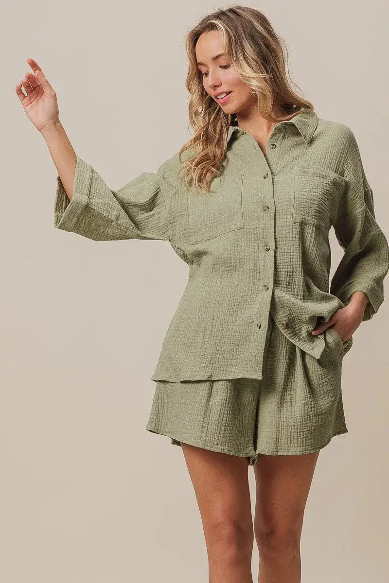 Crinkle Gauze Shirt and Short Set - In Style Chics Boutique