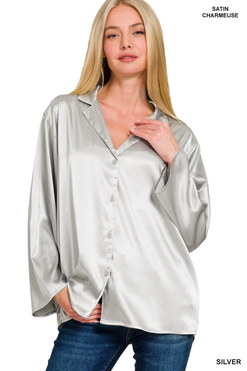 Satin Button Down Shirt in Silver at In Style Chics Boutique