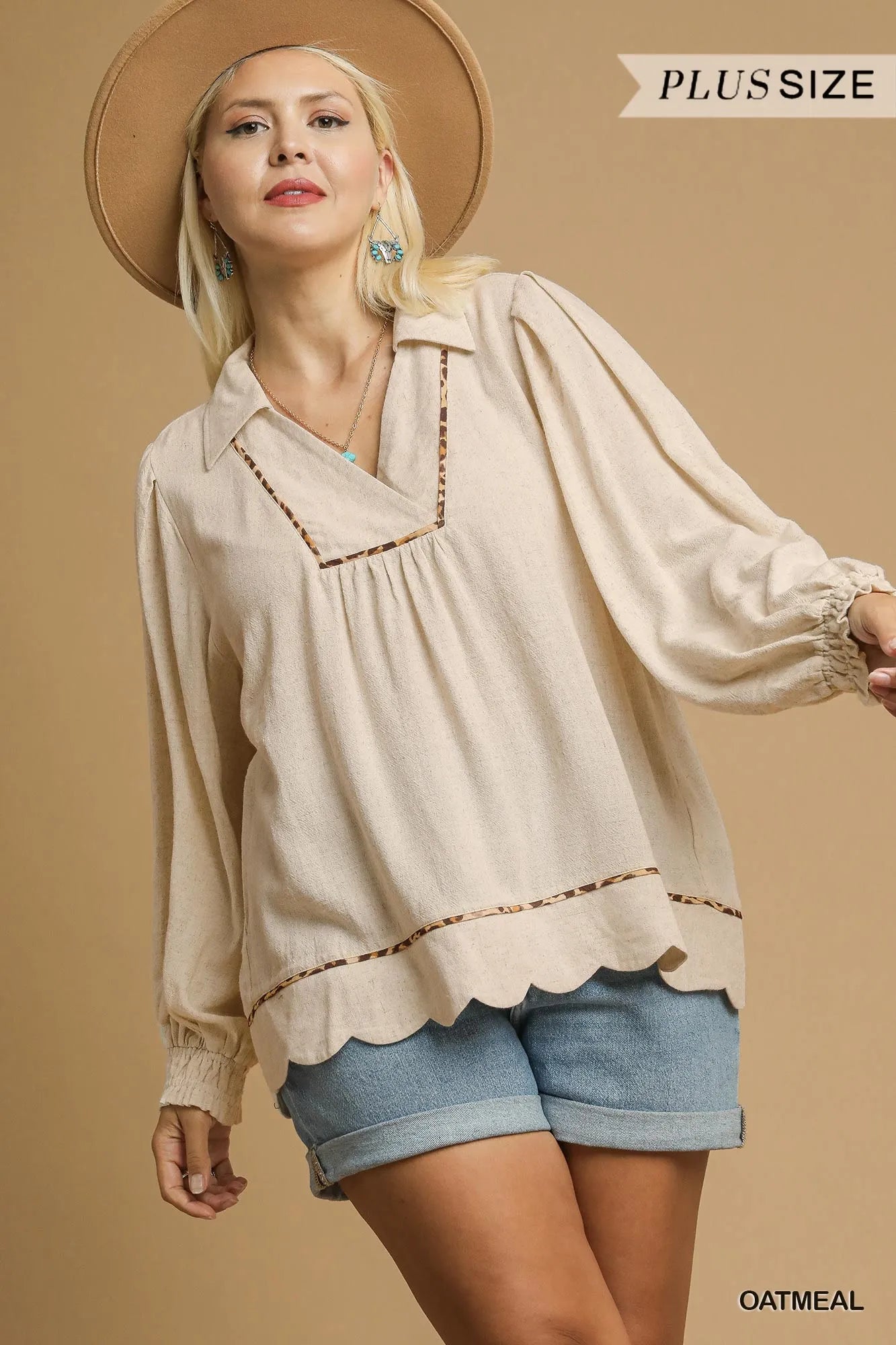 Linen Scallop Hem Blouse with Contrast Trim at In Style Chics Boutique