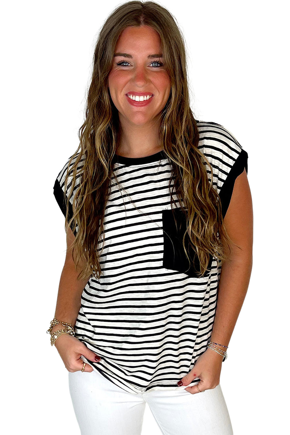 Black Stripe Chest Pocket Patch Round Neck Sleeveless Tee - Cute Clothes for Spring Summer - In Style Chics Boutique Women's Juniors Apparel Online