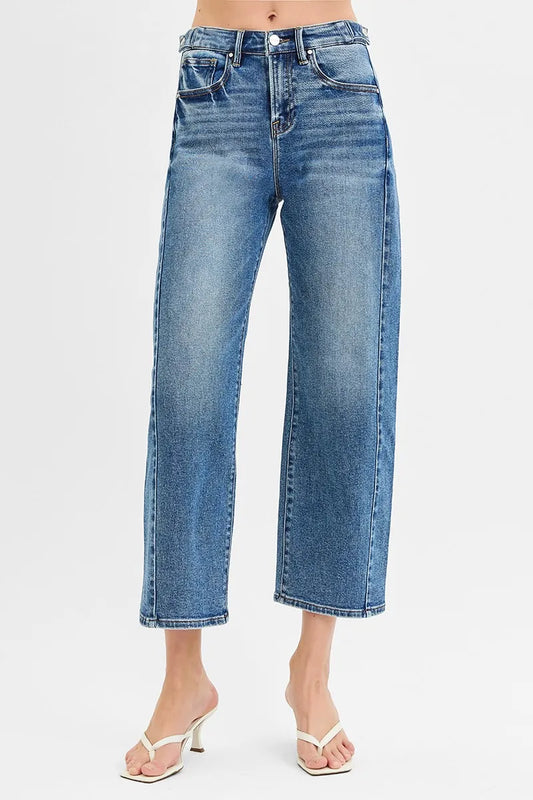 RISEN High Rise Crop Barrel Adjustable Waist Jeans - In Style Chics Boutique Women's Clothes Online