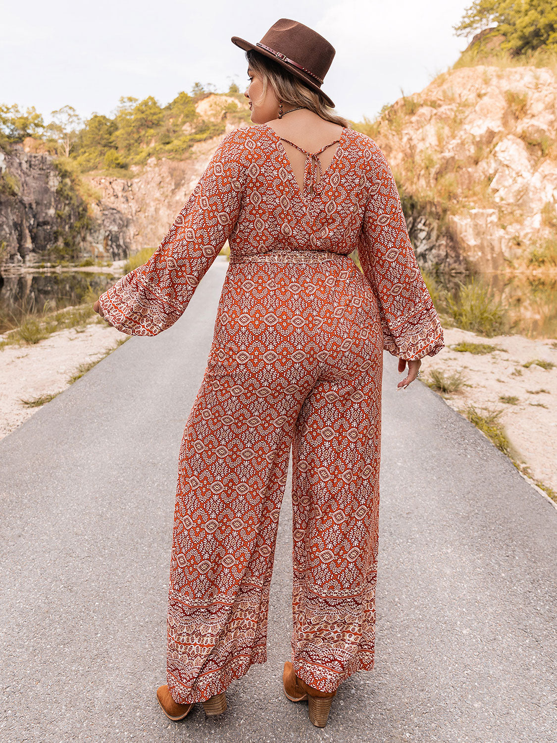 Plus Size Printed V-Neck Tie Front Balloon Sleeve Jumpsuit - In Style Chics Boutique LLC