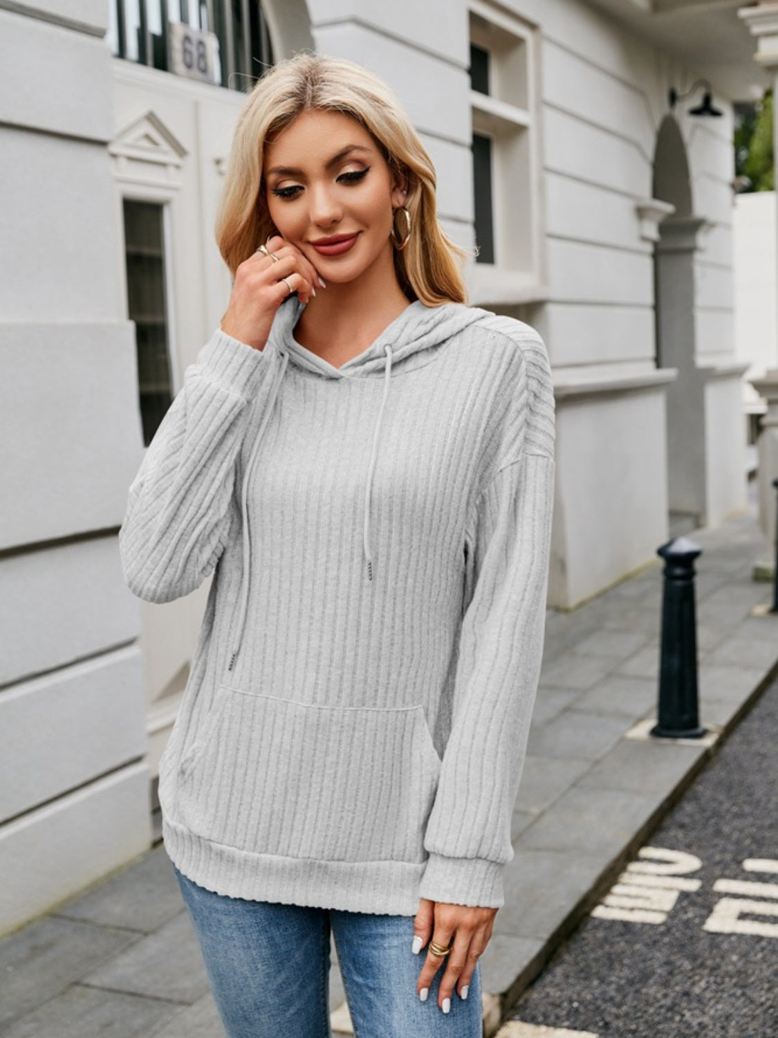 Ribbed Drawstring Long Sleeve Hoodie - In Style Chics Boutique LLC