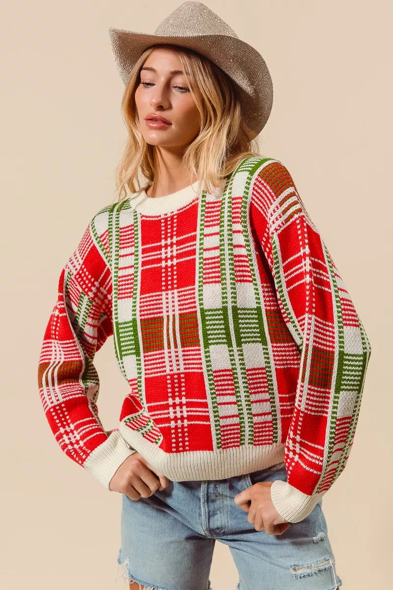 Shop Christmas Color Checkered Plaid Crew Neck Sweater at In Style Chics Boutique