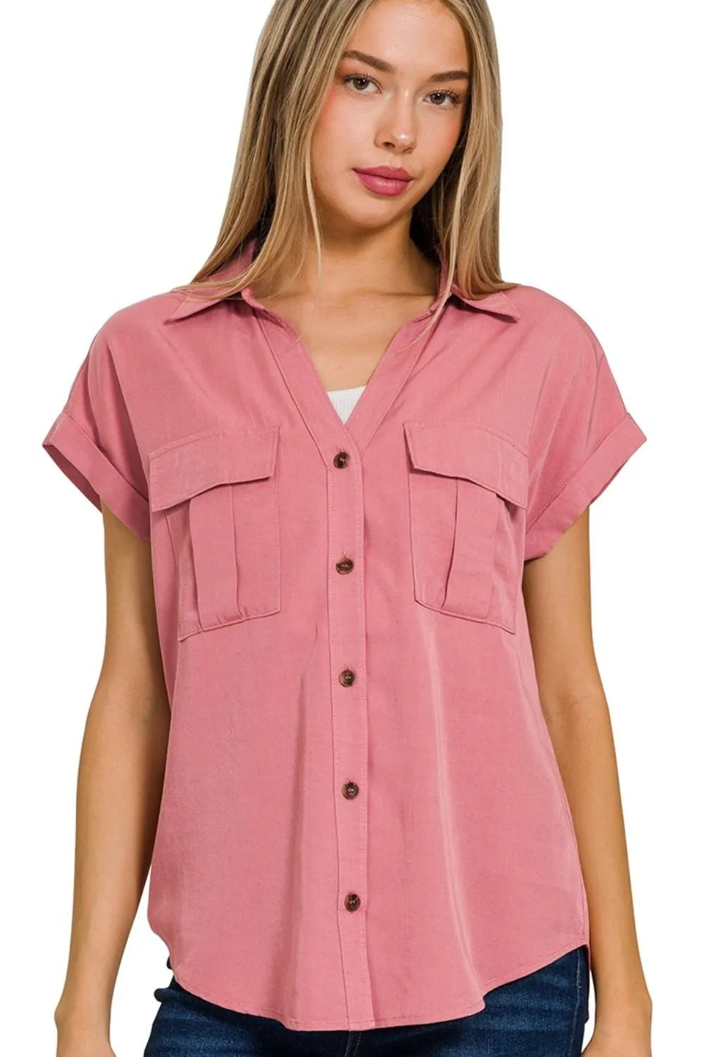 Collared Tencel Top, V-neck W Front Flap Pockets
