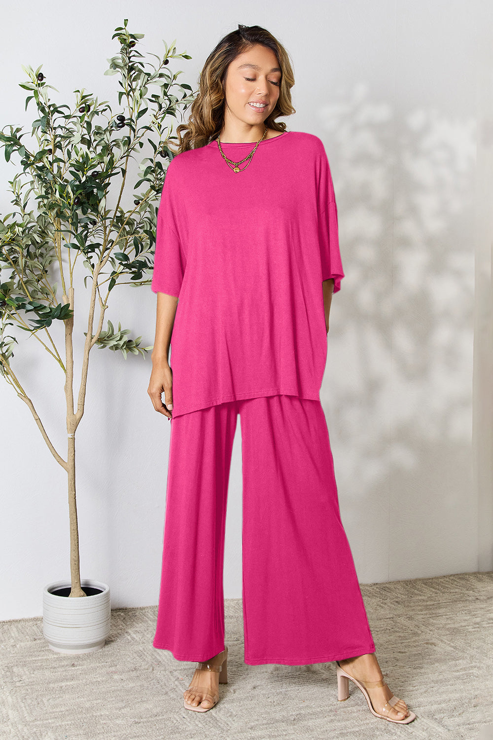 Double Take Round Neck Slit Top and Pants Set - More Colors! - In Style Chics Boutique LLC