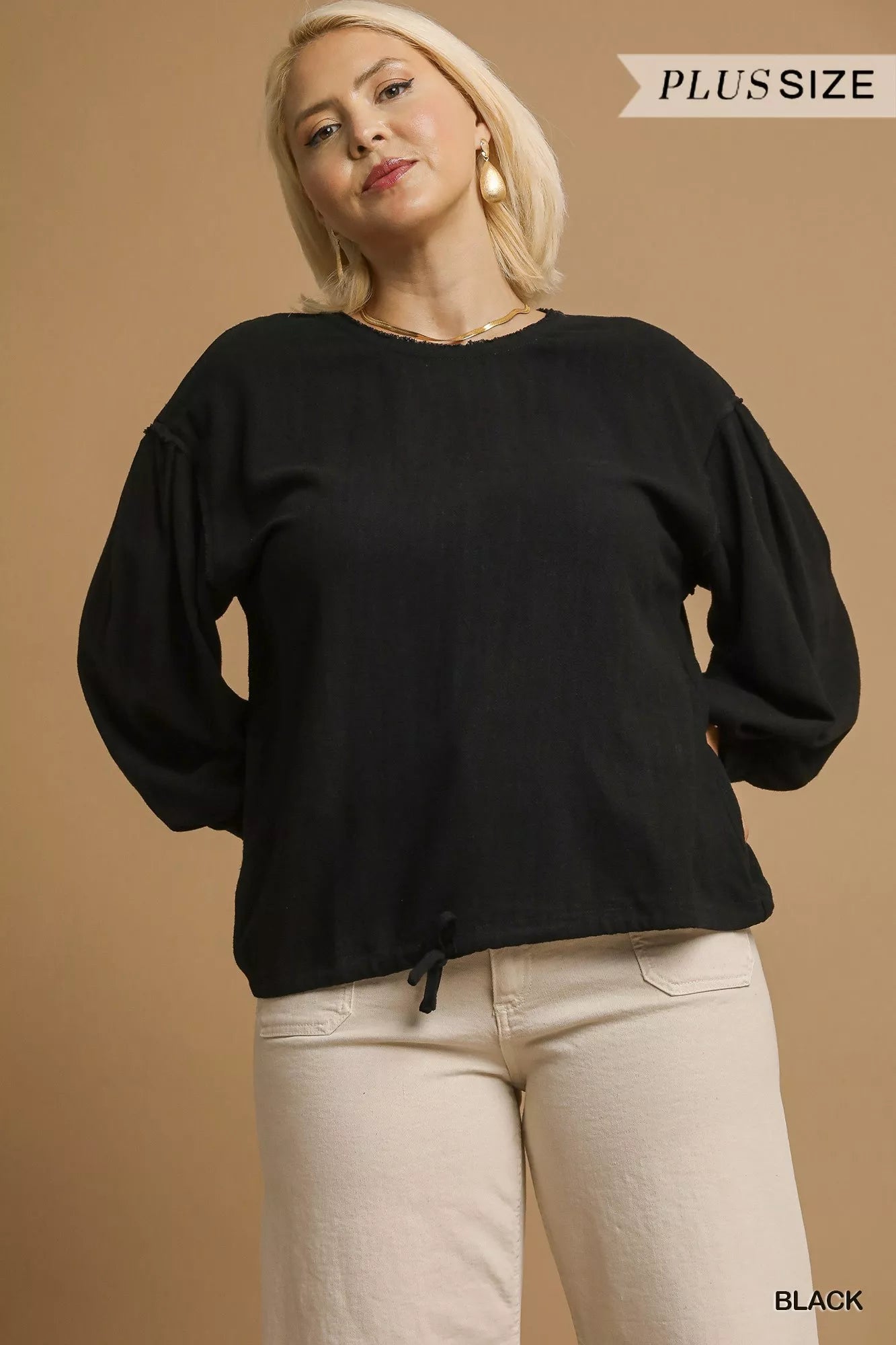 Linen Long Sleeve Plus Size Top with Drawstring at In Style Chics Boutique