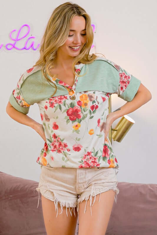 BiBi Floral Button Detail Round Neck Short Sleeve Terry T-Shirt - Cute Clothes Online - In Style Chics Boutique Women's Juniors Apparel