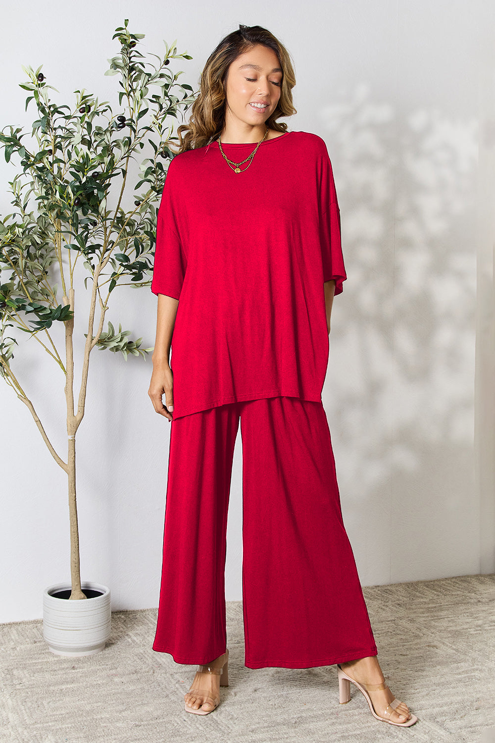 Double Take Round Neck Slit Top and Pants Set - More Colors! - In Style Chics Boutique LLC