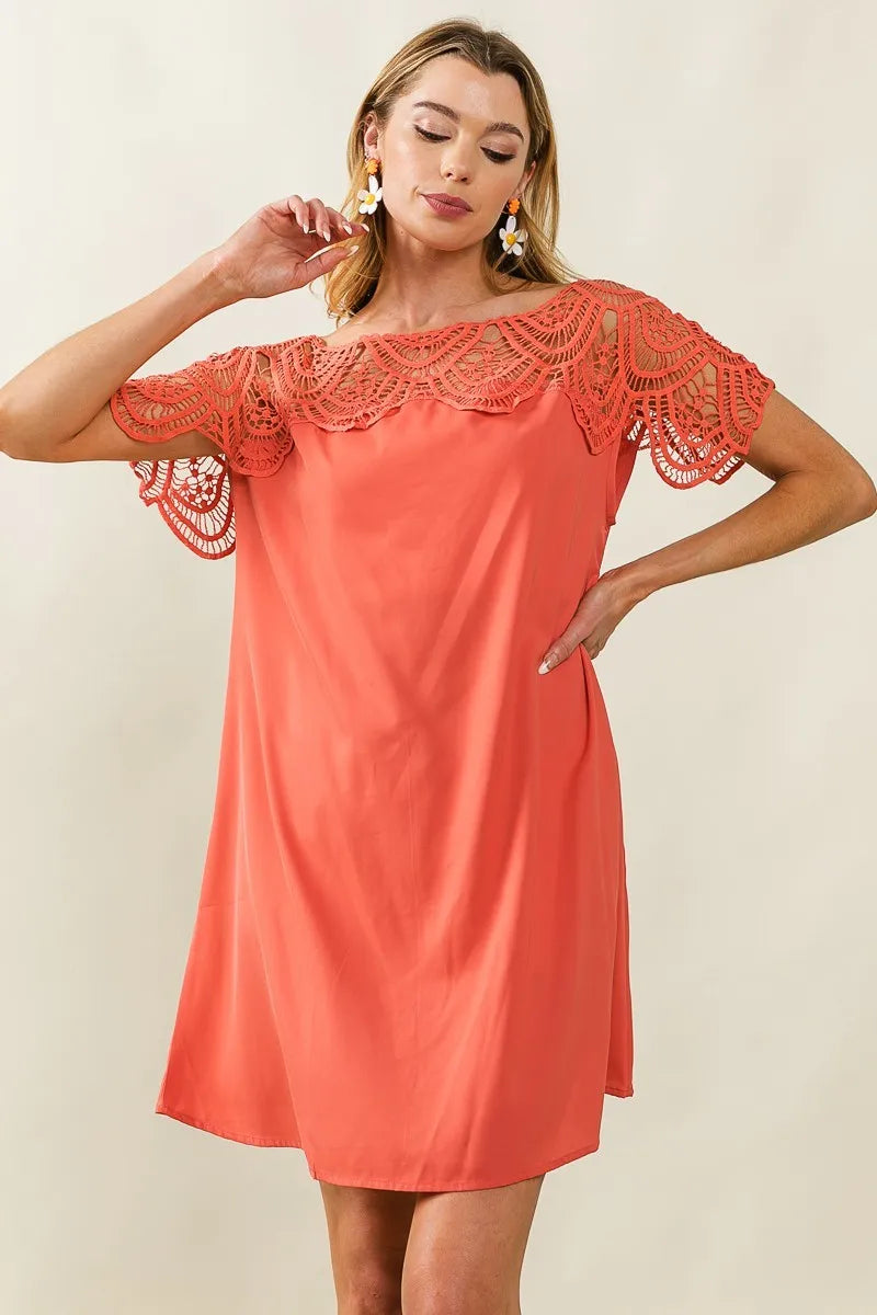 Crochet Lace Yoke Detailed Wrinkled Dress - In Style Chics Boutique Women's Juniors Clothes