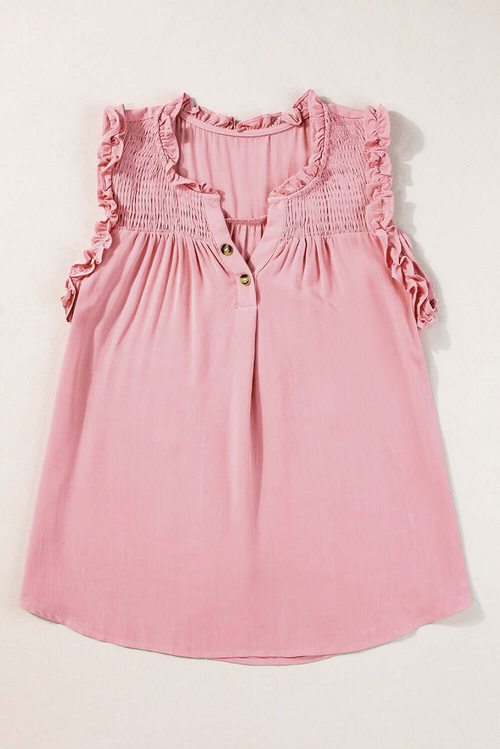 Button Split Neck Frill Trim Sleeveless Shirt - Cute Clothes Online - In Style Chics Boutique Women's Juniors Apparel
