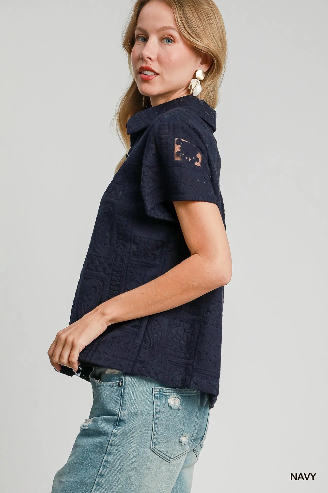 Short Sleeve Button Down Navy Shirt Patch Lace at In Style Chics Boutique