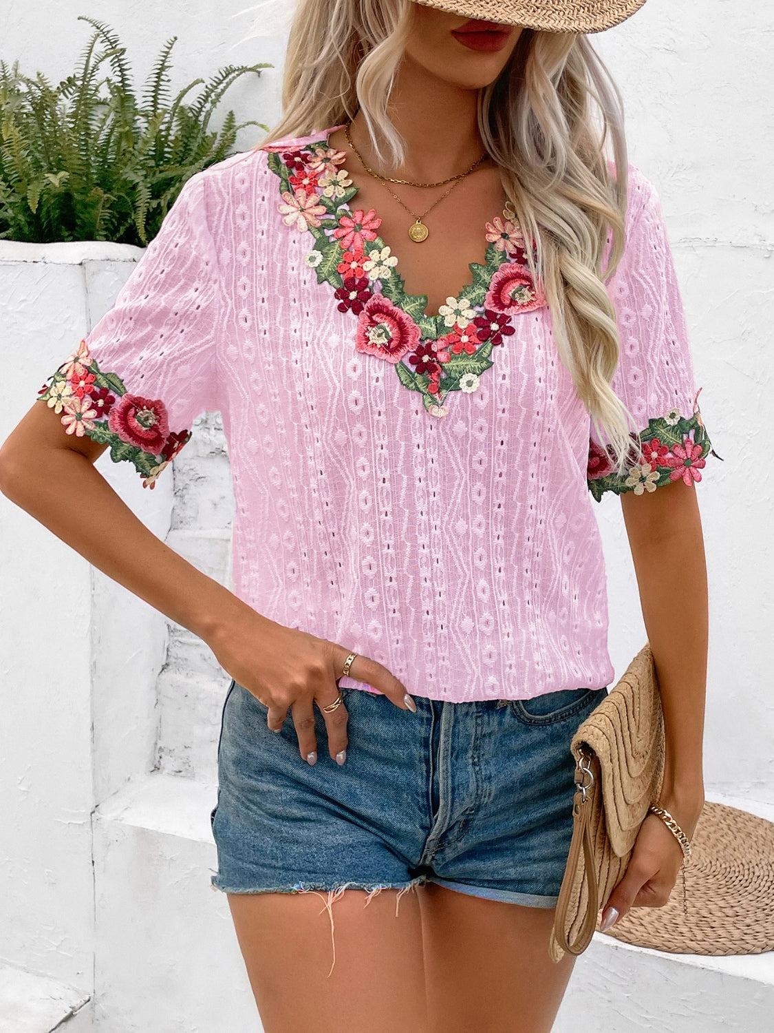 Eyelet Embroidered V-Neck Short Sleeve Blouse - More Colors! - In Style Chics Boutique LLC
