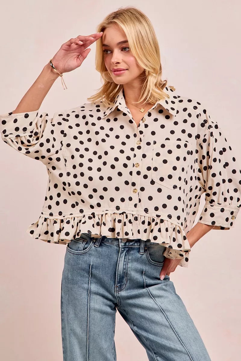 Shop Polka Dot 🤍🖤 Printed Peplum Top with Front Button at In Style Chics Boutique