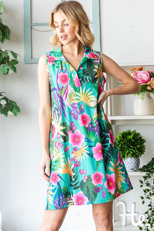 Floral Johnny Collar Sleeveless Dress - In Style Chics Boutique Online Clothing Women's Juniors Plus Size