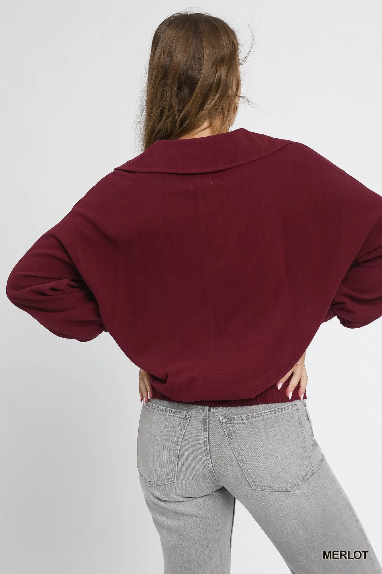 Linen Long Sleeves Elastic Hem Blouse in Merlot at In Style Chics Boutique