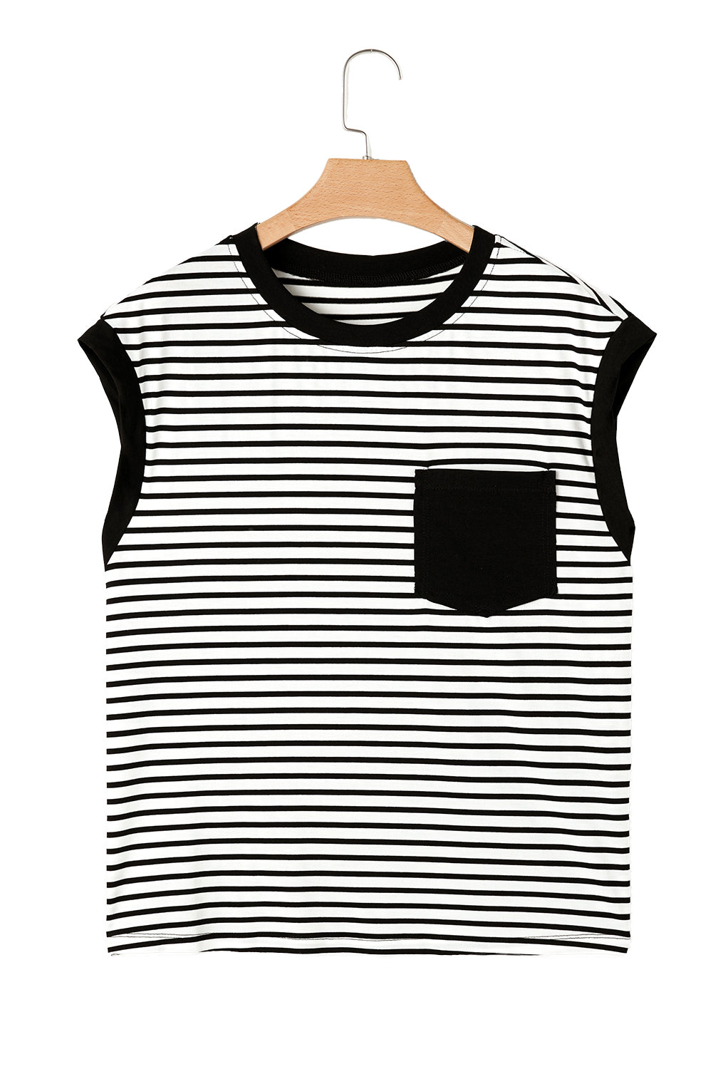 Black Stripe Chest Pocket Patch Round Neck Sleeveless Tee - Cute Clothes for Spring Summer - In Style Chics Boutique Women's Juniors Apparel Online