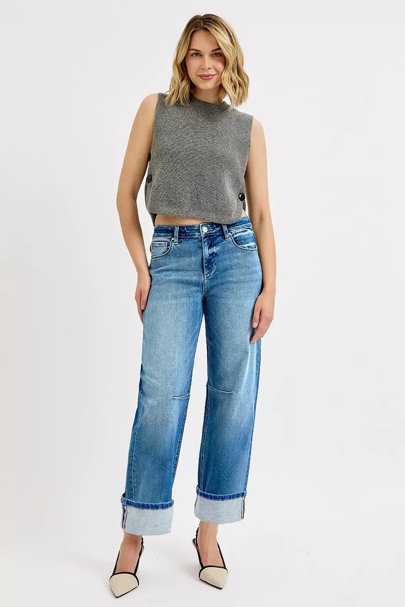 RISEN Slouchy Crop Barrel Cuffed Jeans
