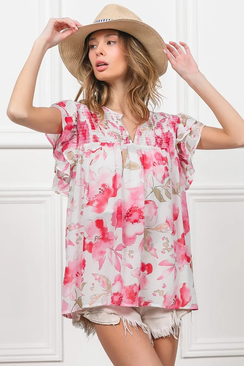 Floral Print Flutter Sheer Top at In Style Chics Boutique