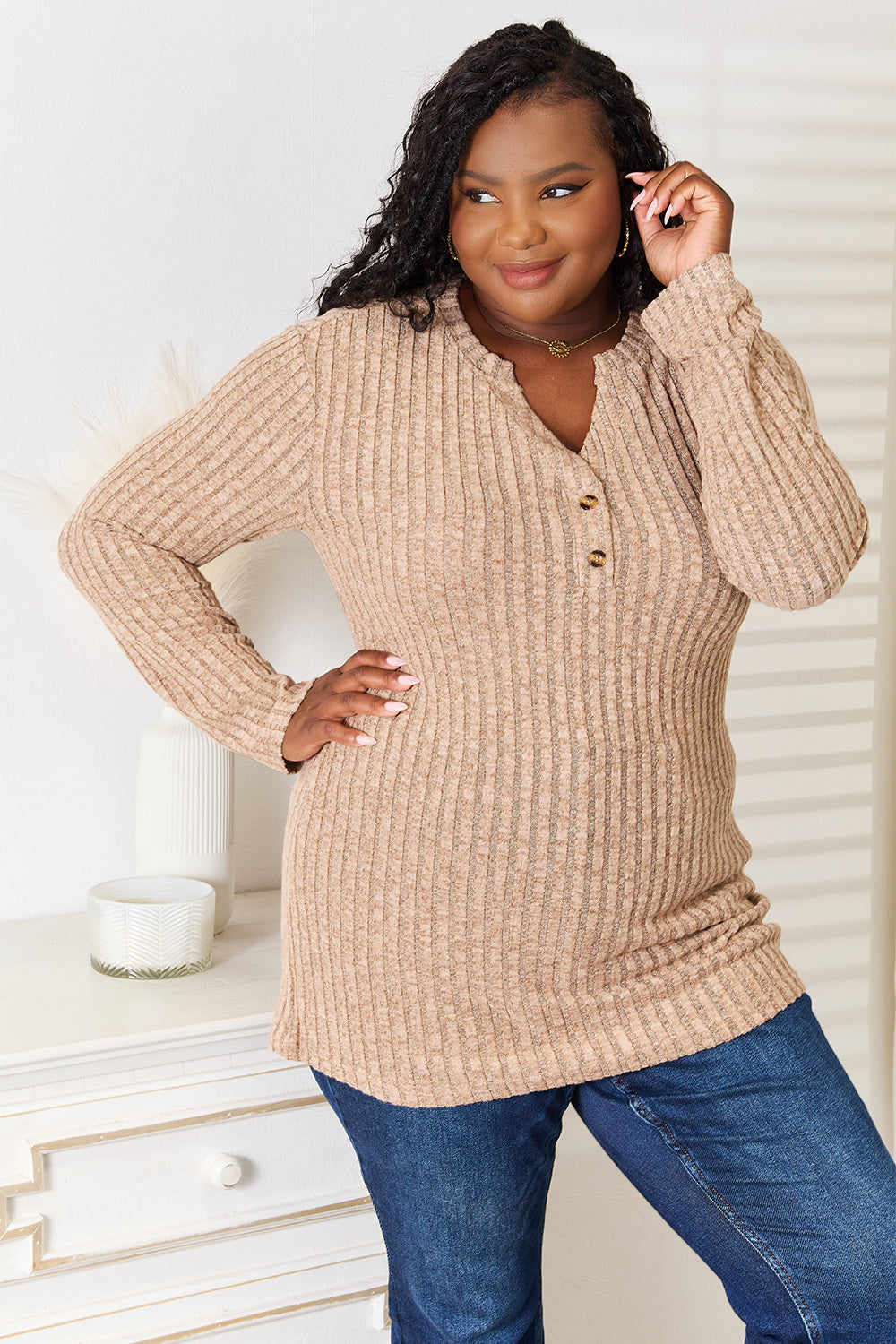 Notched Neck Ribbed Long Sleeve T-Shirt - In Style Chics Boutique Online Clothing Women's Juniors Plus Size