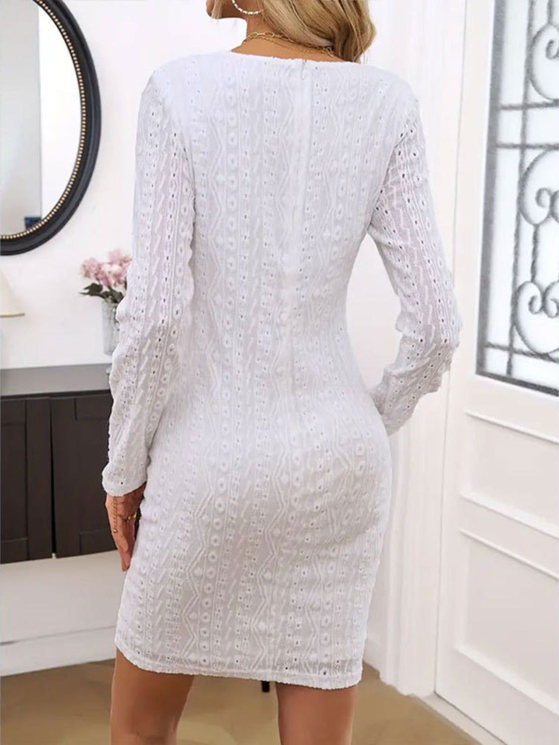 Lace Detail Round Neck Long Sleeve Mini Dress - In Style Chics Boutique LLC