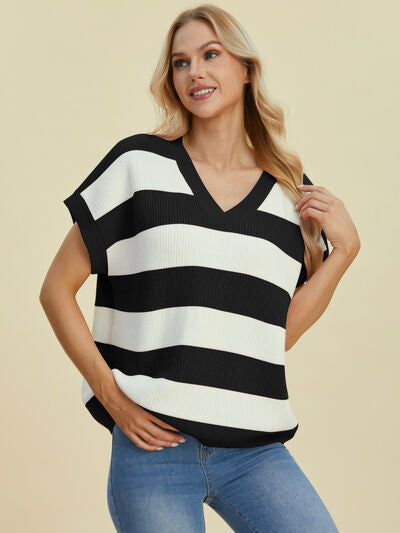 Women's Striped V-Neck Short Sleeve Sweater - In Style Chics Boutique Online Clothing