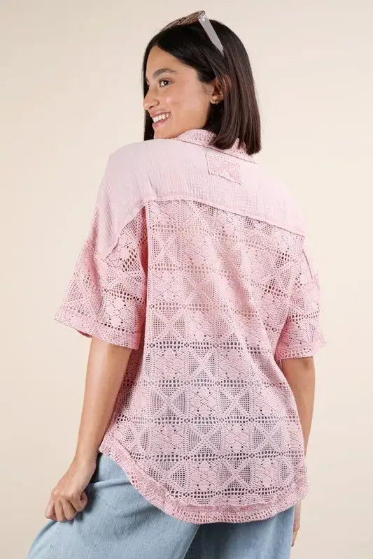 Plus Size Oversized Crochet Button Down Shirt Top - In Style Chics Boutique Online Women's Juniors Plus Size Apparel