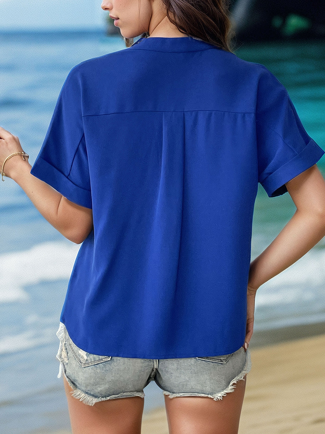 Buttoned Notched Short Sleeve Blouse - In Style Chics Boutique LLC