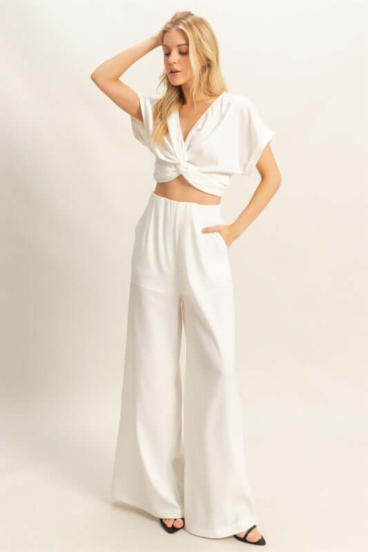 Twisted Front Short Sleeve Top and Wide Leg Pants Set - Cute Clothing Online - In Style Chics Boutique Women's Juniors Apparel