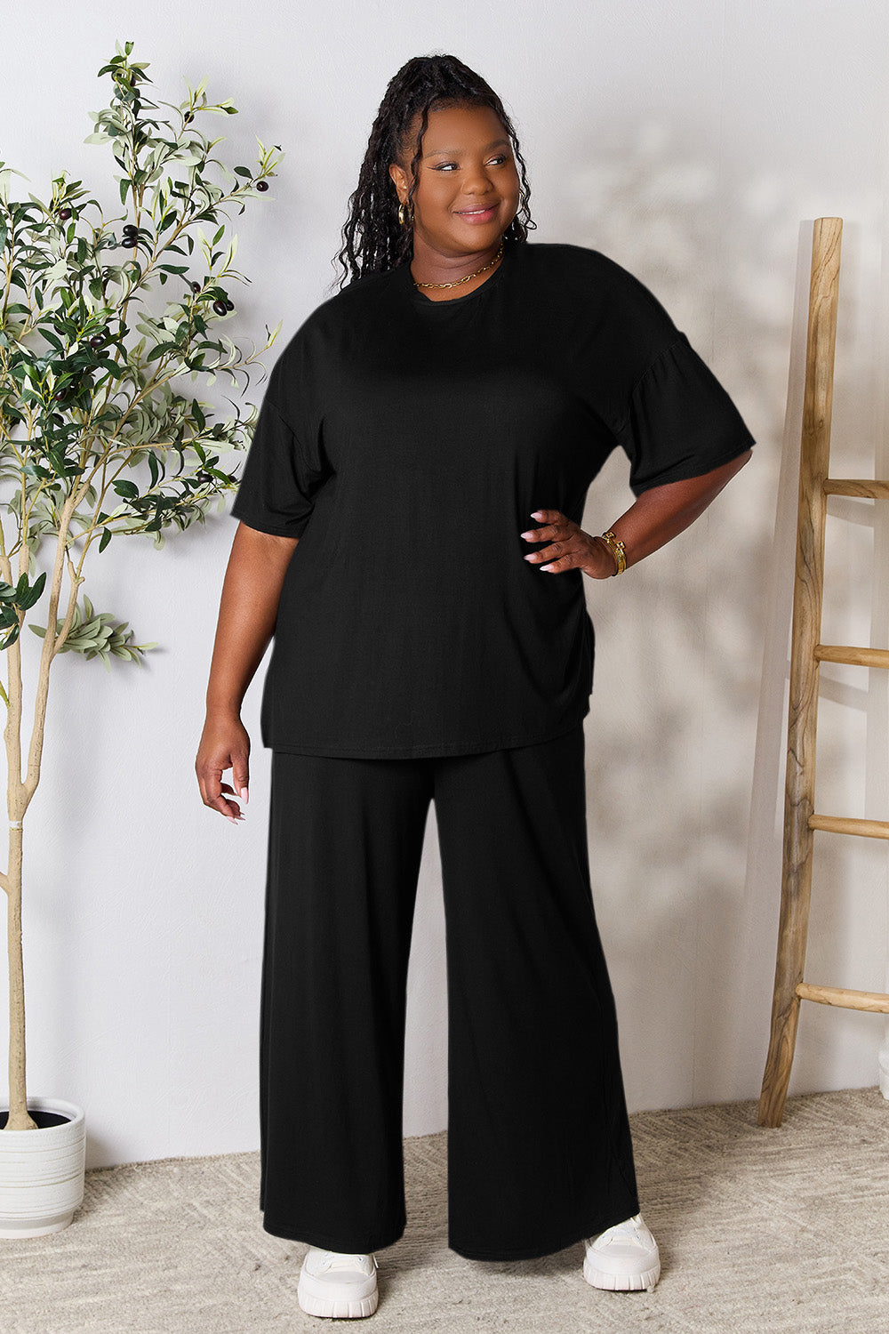 Double Take Round Neck Slit Top and Pants Set - More Colors! - In Style Chics Boutique LLC