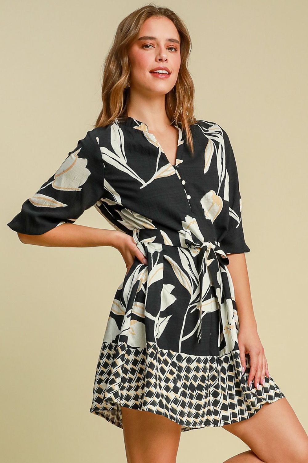 Floral Print Notched Tie Waist Mini Dress - Cute Clothing Online - In Style Chics Boutique Women's Juniors Plus Size Apparel