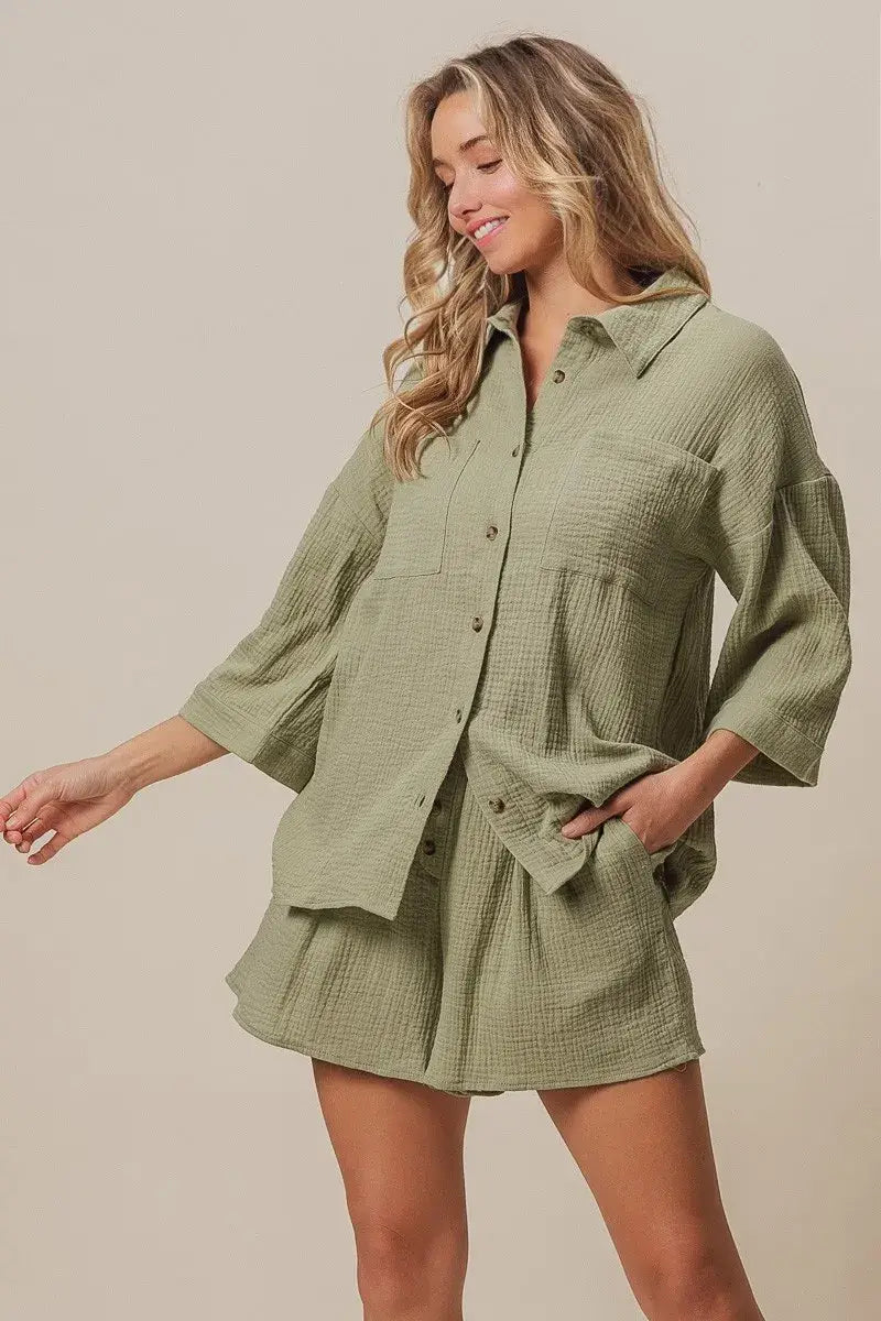 Crinkle Gauze Shirt and Short Set - In Style Chics Boutique