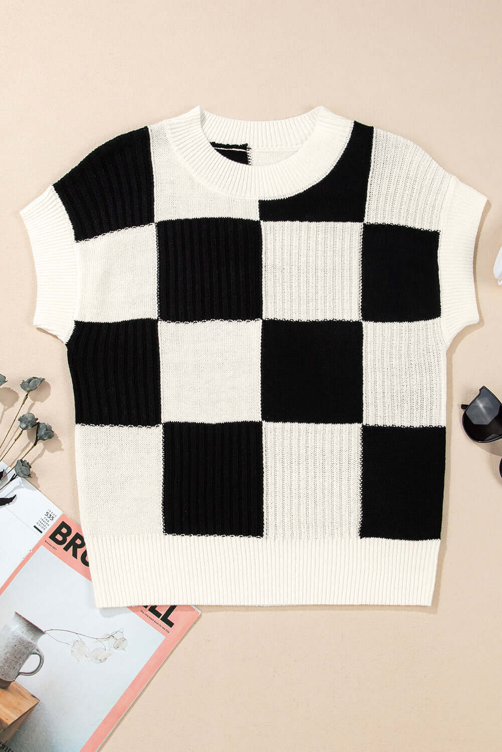 Khaki Checkered Color Block Crew Neck Short Sleeve Sweater - Cute Clothes Online - In Style Chics Boutique Women's Juniors
