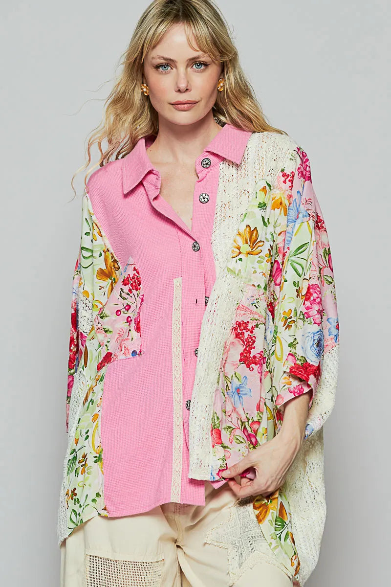 Thermal and Crochet Lace Mix Shirt with Floral Pattern at In Style Chics Boutique